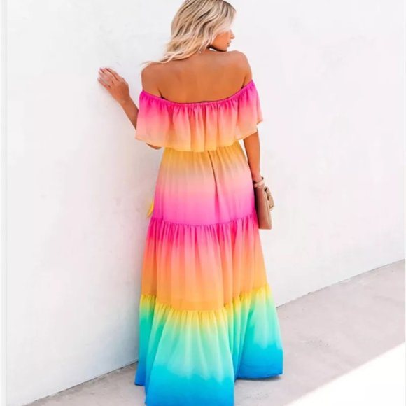 Rainbow Dress BOHO Maxi Off Shoulder - Ribbon Belt Waist - Flowing Hem - Picture 11 of 13